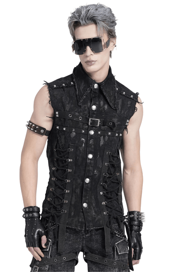 Denim Punk Shirt with Lace-Up Sides and Studded Accents